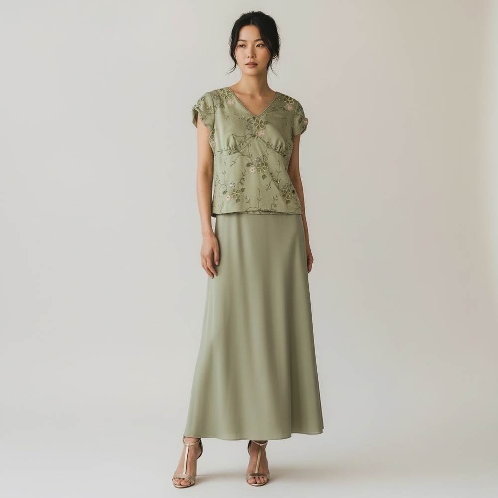 Elegant Green Beaded Floral Skirt Set / Maxi gown cocktail dress